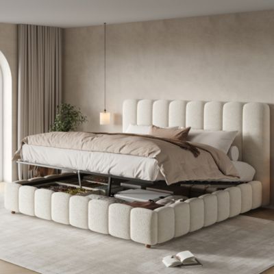 Lit coffre rembourré 160x200cm - Tête de lit rembourrée - Rangement sous le lit - Sommier à lattes - Bouclé - Blanc(sans matelas)