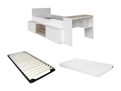 Lit combiné 90 x 190/200 cm avec bureau et rangements - Blanc et naturel + Sommier + Matelas - JOCHIANE