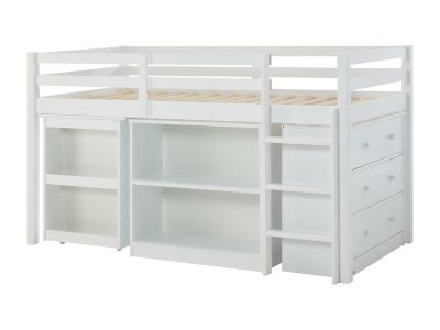 Lit combiné  90 x 190  cm avec rangements et bureau extensible - Pin et MDF - Blanc - ABRENO