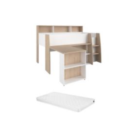 Lit combiné 90 x 200 cm avec bureau et rangements - Blanc et naturel + Matelas - APOLINO