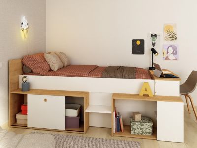 Lit combiné 90 x 200 cm avec bureau et rangements - Blanc et naturel - PALOMA