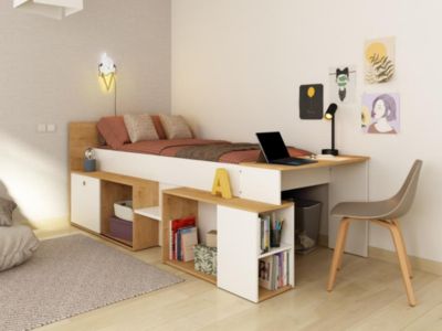 Lit combiné 90 x 200 cm avec bureau et rangements - Blanc et naturel - PALOMA