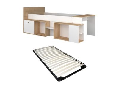 Lit combiné 90 x 200 cm avec bureau et rangements - Blanc et naturel + Sommier - PALOMA