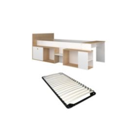 Lit combiné 90 x 200 cm avec bureau et rangements - Blanc et naturel + Sommier - PALOMA