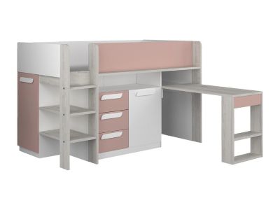 Lit combiné 90 x 200 cm - Avec bureau et rangements - Rose, naturel et blanc - LOUKALA