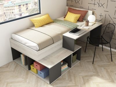 Lit combiné 90 x 200 cm avec rangements et bureau - Coloris : Naturel et anthracite - RIGALI