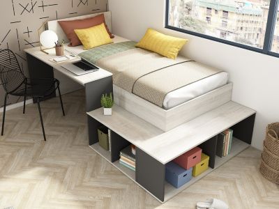 Lit combiné 90 x 200 cm avec rangements et bureau - Coloris : Naturel et anthracite - RIGALI
