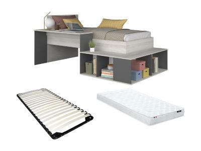 Lit combiné 90 x 200 cm avec rangements et bureau - Coloris : Naturel et anthracite + Sommier + Matelas - RIGALI