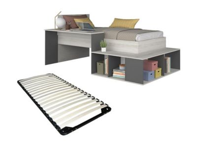 Lit combiné 90 x 200 cm avec rangements et bureau - Coloris : Naturel et anthracite + Sommier - RIGALI