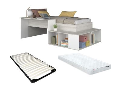 Lit combiné 90 x 200 cm avec rangements et bureau - Coloris : Naturel et blanc + Sommier + Matelas - RIGALI