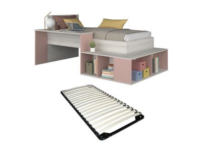 Lit combiné 90 x 200 cm avec rangements et bureau - Coloris : Naturel et rose + Sommier - RIGALI