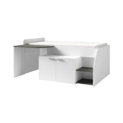Lit Combiné ZOLA avec Bureau - Coloris Blanc Satin et Gris - 204 x 90 x 135 cm