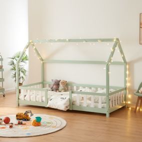 Lit d'Enfant Design Forme Maison Sisimiut Pin 200 x 90 cm Menthe Blanc Mat Laqué en.casa