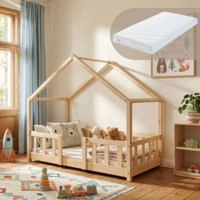 Lit d'enfant en forme de maison Treviolo avec matelas 70 x 140 cm bois de pin naturel en.casa