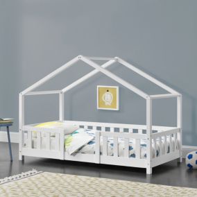 Lit d'Enfant Forme Maison avec Grille de Protection Treviolo 140 x 70 cm Blanc Mat Laqué en.casa