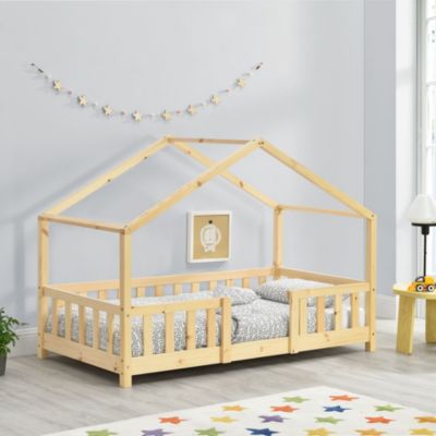 Lit d'Enfant Forme Maison avec Grille de Protection Treviolo 140 x 70 cm Bois Naturel en.casa