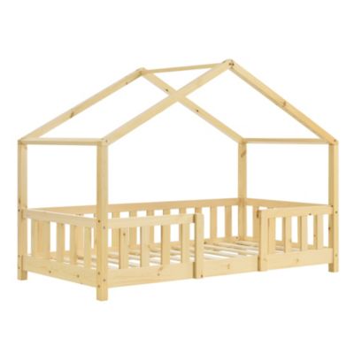 Lit d'Enfant Forme Maison avec Grille de Protection Treviolo 140 x 70 cm Bois Naturel en.casa