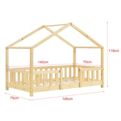 Lit d'Enfant Forme Maison avec Grille de Protection Treviolo 140 x 70 cm Bois Naturel en.casa