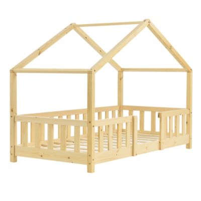 Lit d'Enfant Forme Maison avec Grille de Protection Treviolo 140 x 70 cm Bois Naturel en.casa