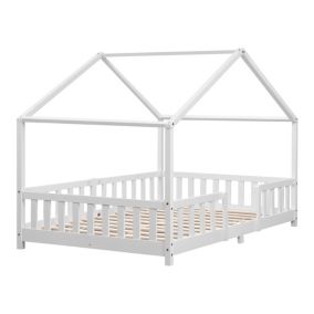 Lit d'Enfant Forme Maison avec Grille de Protection Treviolo  200 x 120 cm Blanc Mat Laqué en.casa