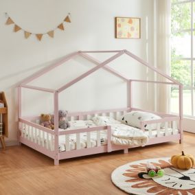 Lit d'Enfant Forme Maison avec Grille de Protection Treviolo  200 x 120 cm Rose en.casa