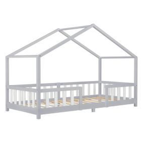 Lit d'Enfant Forme Maison avec Grille de Protection Treviolo 200 x 90 cm Gris Clair Blanc Mat Laqué en.casa