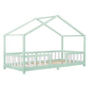 Lit d'Enfant Forme Maison avec Grille de Protection Treviolo 200 x 90 cm Menthe Blanc Mat Laqué en.casa