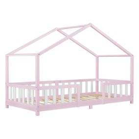 Lit d'Enfant Forme Maison avec Grille de Protection Treviolo 200 x 90 cm Rose Blanc Mat Laqué en.casa