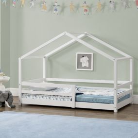 Lit d'Enfant Maison avec Barreaux de Sécurité Knätten Pin 70 x 140 cm Blanc Mat Laqué en.casa