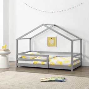 Lit d'Enfant Maison avec Barreaux de Sécurité Knätten Pin 70 x 140 cm Gris Clair Mat Laqué en.casa