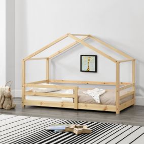 Lit d'Enfant Maison avec Barreaux de Sécurité Knätten Pin 90 x 200 cm Bois Naturel en.casa