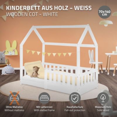 Lit d'enfant ML-Design 140x70cm blanc en bois de pin avec toit et sommier protection contre chutes