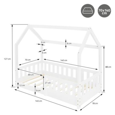 Lit d'enfant ML-Design 140x70cm blanc en bois de pin avec toit et sommier protection contre chutes