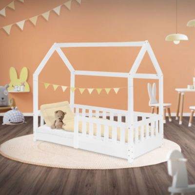 Lit d'enfant ML-Design 140x70cm blanc en bois de pin avec toit et sommier protection contre chutes