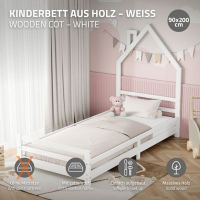 Lit d'enfant ML-Design 90x200cm blanc forme maison en bois de pin avec sommier à lattes sans matelas