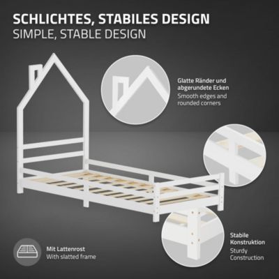 Lit d'enfant ML-Design 90x200cm blanc forme maison en bois de pin avec sommier à lattes sans matelas