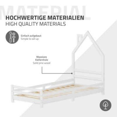 Lit d'enfant ML-Design 90x200cm blanc forme maison en bois de pin avec sommier à lattes sans matelas
