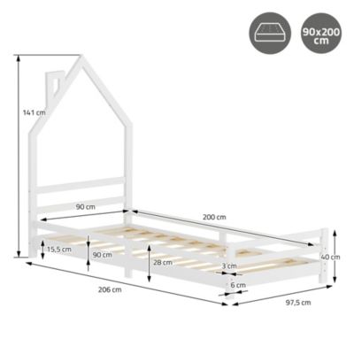Lit d'enfant ML-Design 90x200cm blanc forme maison en bois de pin avec sommier à lattes sans matelas