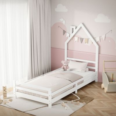 Lit d'enfant ML-Design 90x200cm blanc forme maison en bois de pin avec sommier à lattes sans matelas