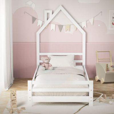 Lit d'enfant ML-Design 90x200cm blanc forme maison en bois de pin avec sommier à lattes sans matelas