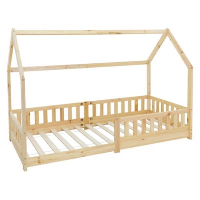 Lit d'enfant ML-Design 90x200cm naturel en bois de pin avec toit et sommier protection contre chutes