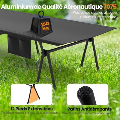 Lit de Camp 1 Personne,Hauteur Réglable 15/40,5 cm, Supports Télescopiques,Sac de Transport,Charge 150 KG, 193 x 70 CM