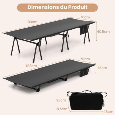 Lit de Camp 1 Personne,Hauteur Réglable 15/40,5 cm, Supports Télescopiques,Sac de Transport,Charge 150 KG, 193 x 70 CM
