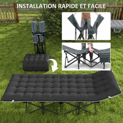 Lit de camp pliable avec matelas grand confort intégré - sac transport inclus - noir