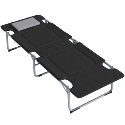 Lit de camp pliable avec matelas grand confort - oreiller amovible, antidérapant - métal polyester noir