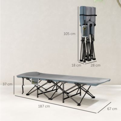 Lit de camp pliable matelassé grand confort tétière intégré - poche latérale rangement - gris