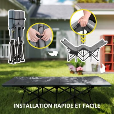 Lit de camp pliable matelassé grand confort tétière intégré - poche latérale rangement - gris