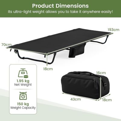 Lit de Camp Plialbe 1 Personne,Ultra Leger en Alliage d'Aluminium, Sac Transport, Poche Latérale,Charge 150 KG,193x70x18CM