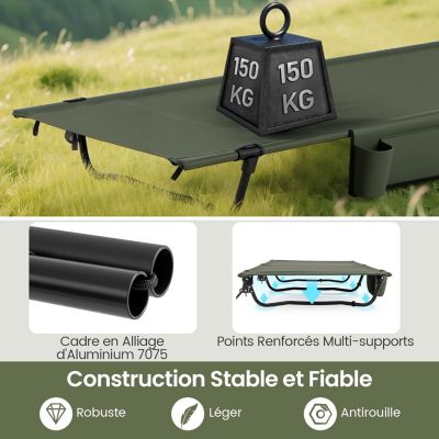 Lit de Camp Plialbe 1 Personne,Ultra Leger en Alliage d'Aluminium, Sac Transport, Poche Latérale,Charge 150 KG,193x70x18CM