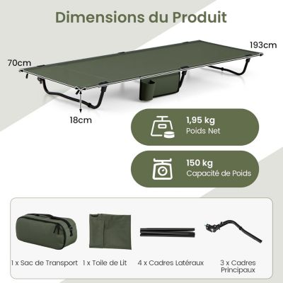 Lit de Camp Plialbe 1 Personne,Ultra Leger en Alliage d'Aluminium, Sac Transport, Poche Latérale,Charge 150 KG,193x70x18CM